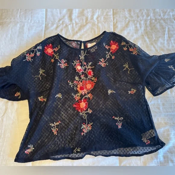 Anthropologie Maeve Black Sheer Blouse with Red Floral Embroidery - Picture 2 of 10